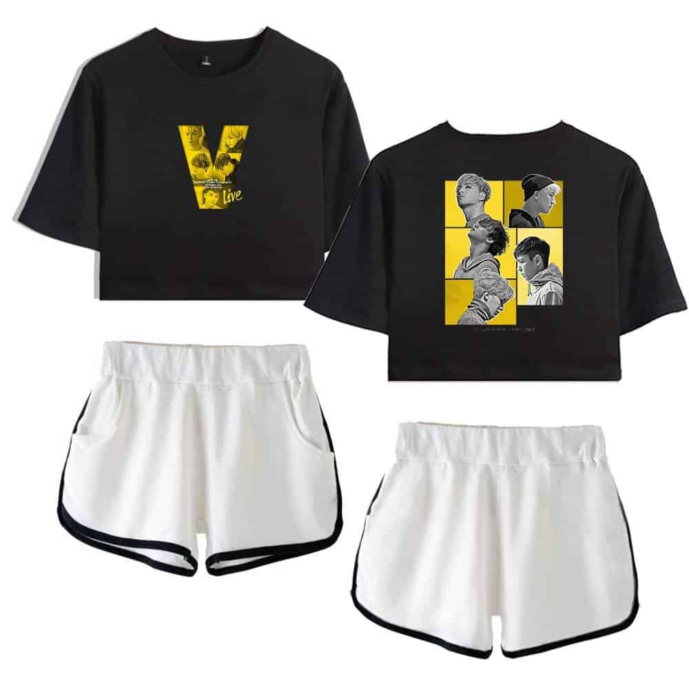 V Live K-pop merchandise set featuring graphic crop tops with group images and matching sporty shorts in black and white. Perfect for fans to showcase their love for the group.