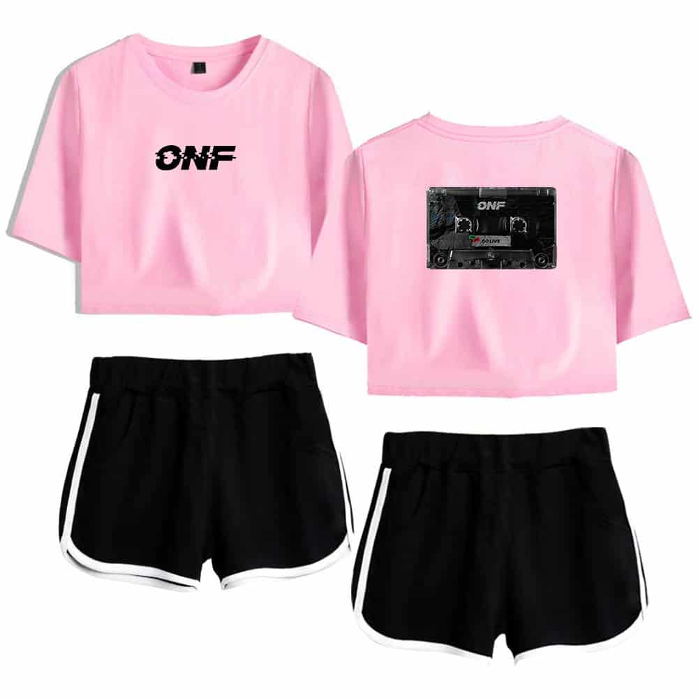 Pink cropped t-shirt with black ONF logo and cassette tape graphic back design, paired with black athletic shorts featuring white trim, perfect for casual or streetwear style.