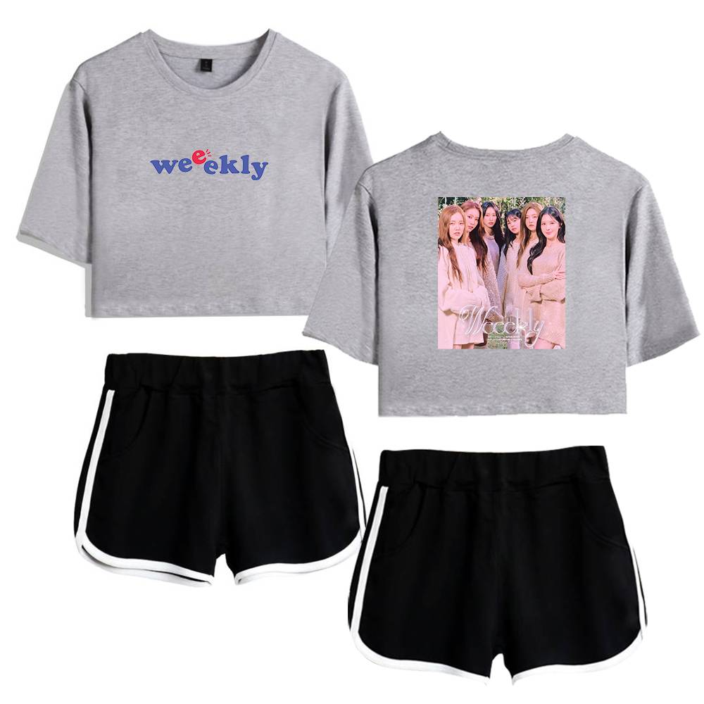 Weekly sweatshirt and shorts set with girl group graphic print in casual style.