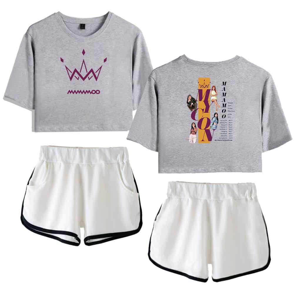 Grey crop sweatshirt with purple crown graphic and "MAMAMOO" text, paired with white athletic shorts with black trim, stylish and comfortable ensemble for casual wear and fan merch collection.