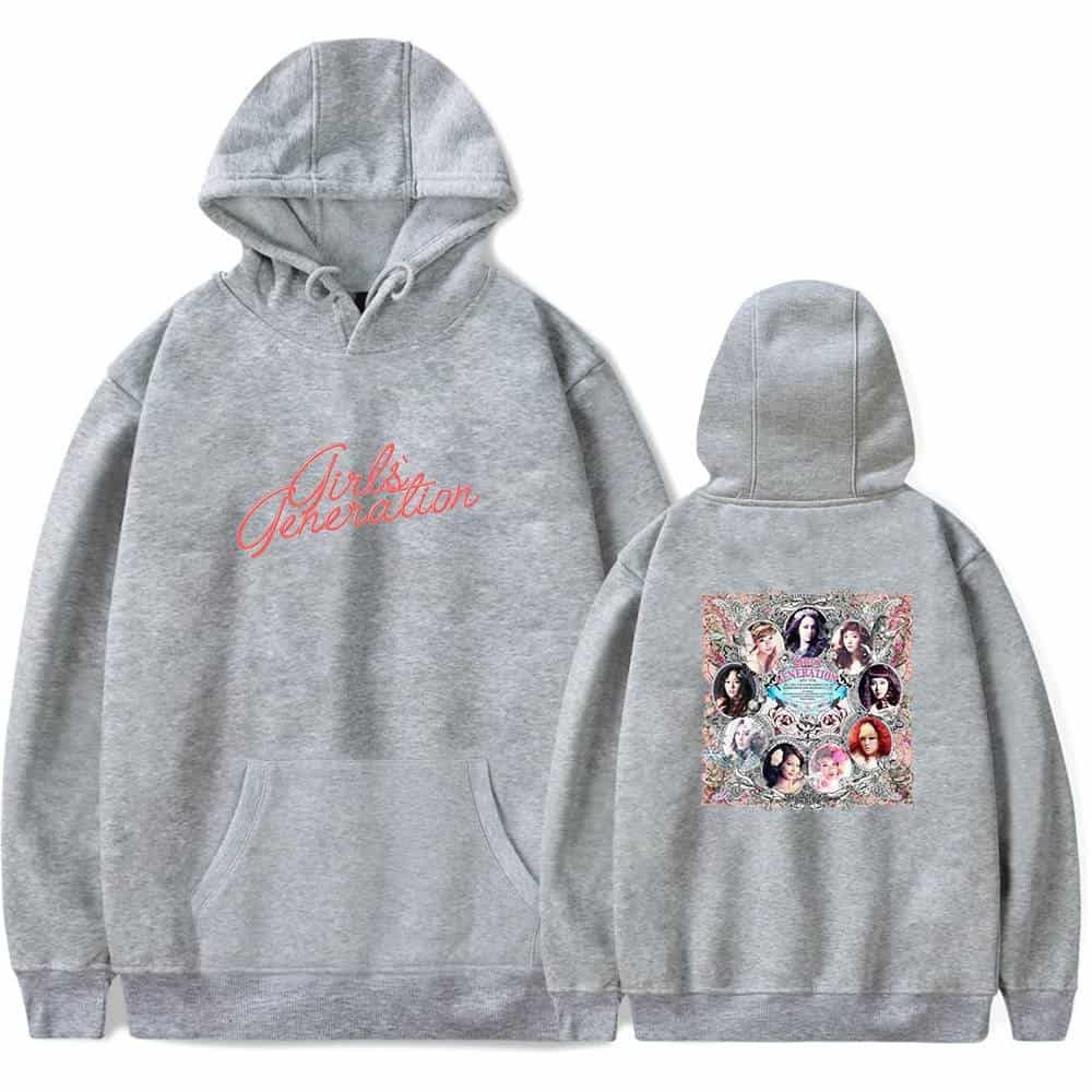 Girls Generation hoodie sweatshirt, grey with front "Girls Generation" text and back graphic of the group members, casual and trendy merchandise.