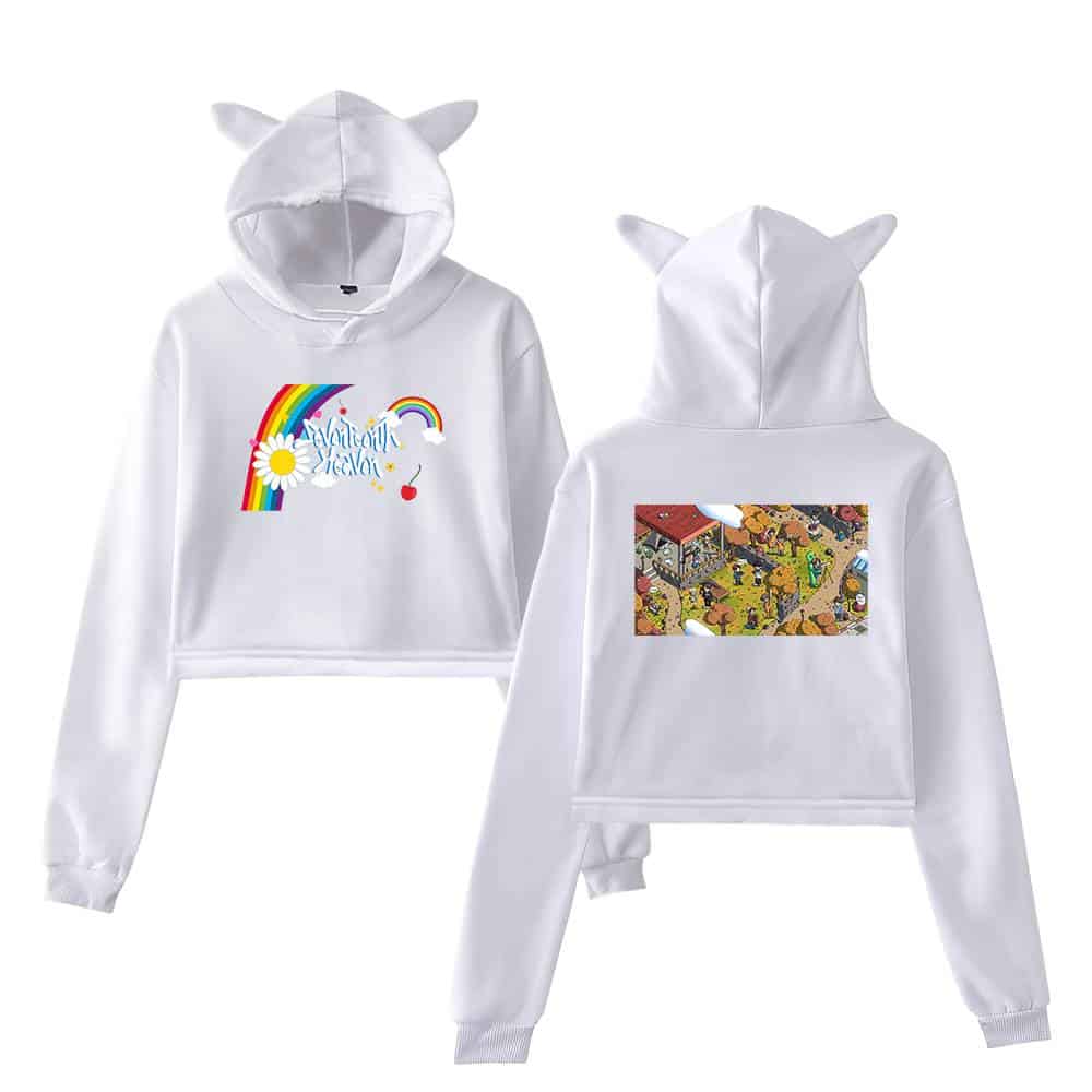 White hoodie with cat ears, colorful rainbow and daisy design, and a colorful illustrated scene on the back, casual streetwear merchandise for fans and trendsetters.