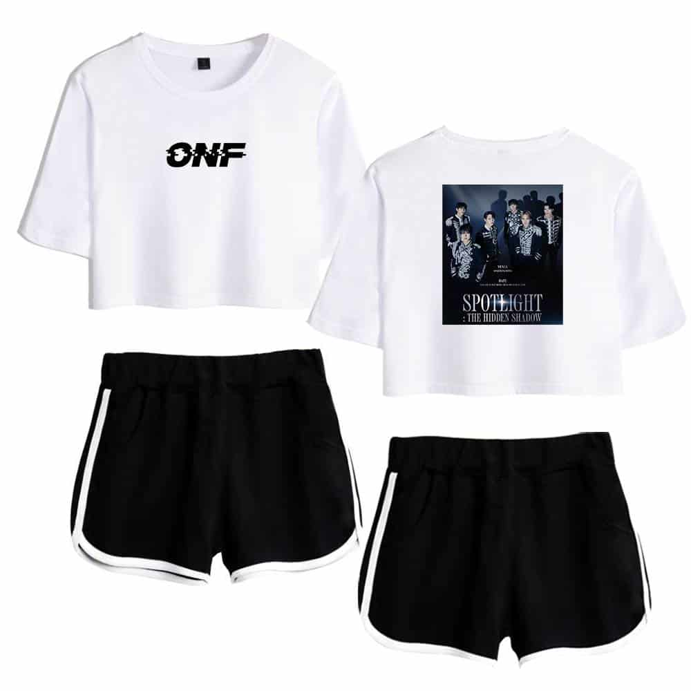 OMF logo cropped t-shirt and group photo graphic crop top, stylish black athletic shorts with white trim, trendy streetwear merchandise, casual and comfortable activewear.