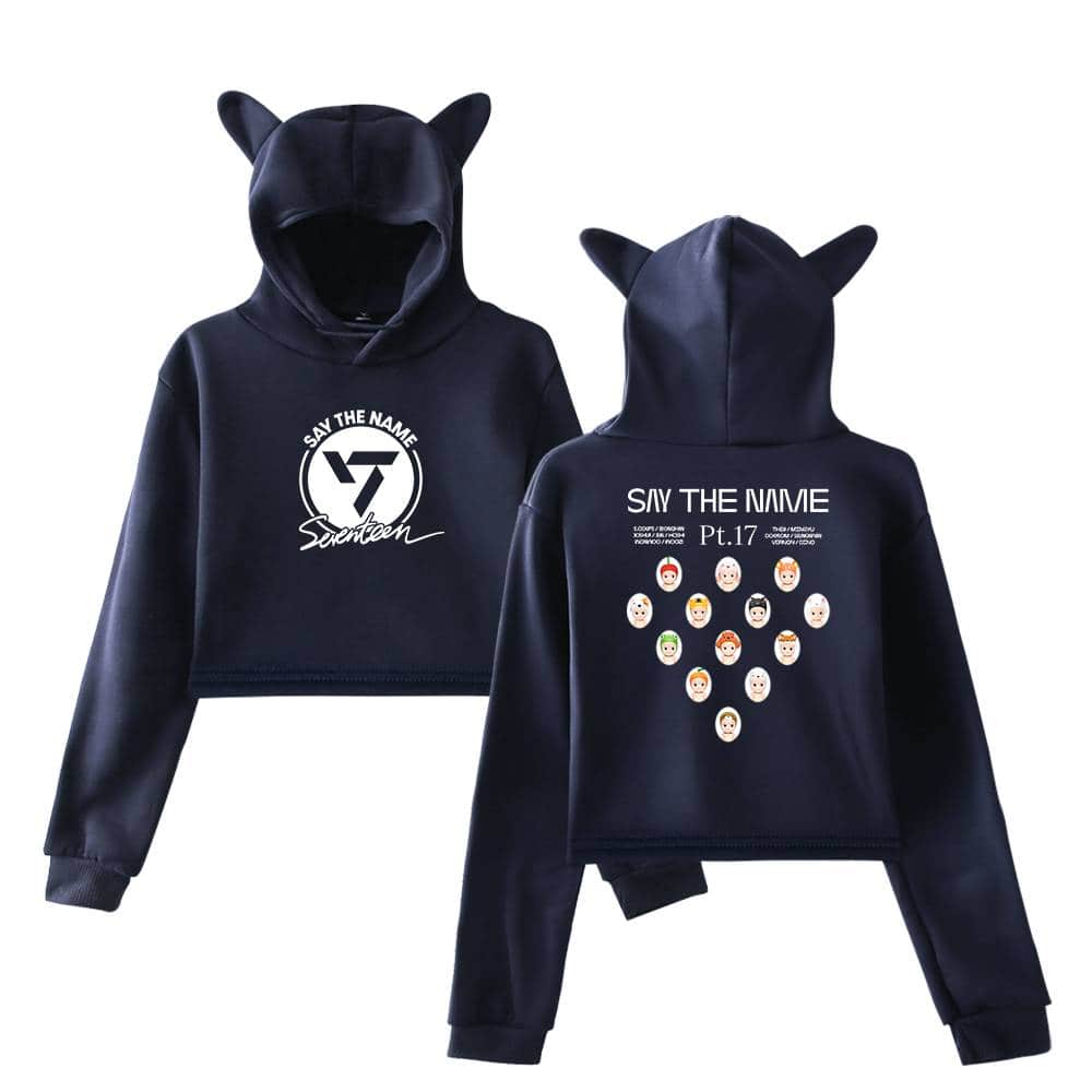 Say the name hoodie with bunny ears, featuring front and back graphic designs inspired by BTS's "Say the Name" concept. Perfect for K-pop fans and stylish casual wear.