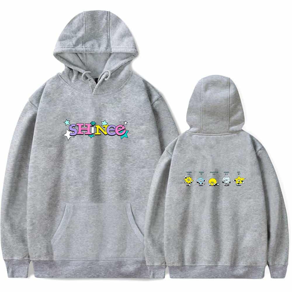 - grey hoodie featuring colorful SHINee logo with stars on the front and cartoon designs of the band members' characters on the back.
