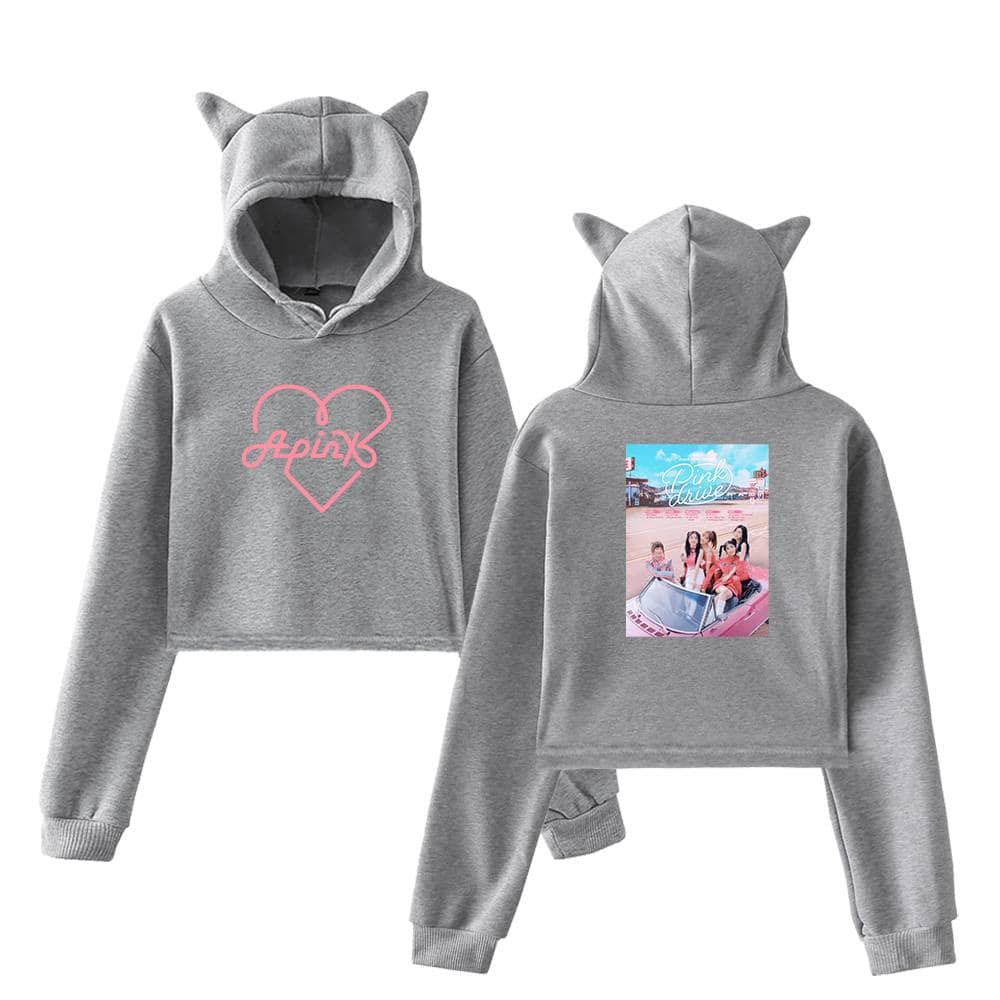 Gray hoodie with cat ears, pink heart, and "Angel" text on front; back featuring a pastel pink and blue graphic of four girls in a pink convertible.