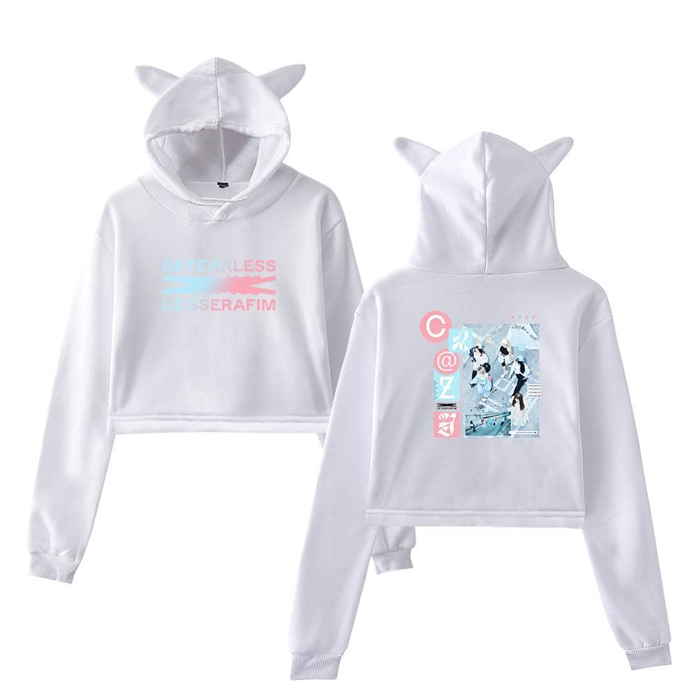 White hooded sweatshirt with animal ears, featuring colorful graphics and text, perfect for casual wear and expressing a playful, fun style. Made from comfortable, soft fabric for everyday use.