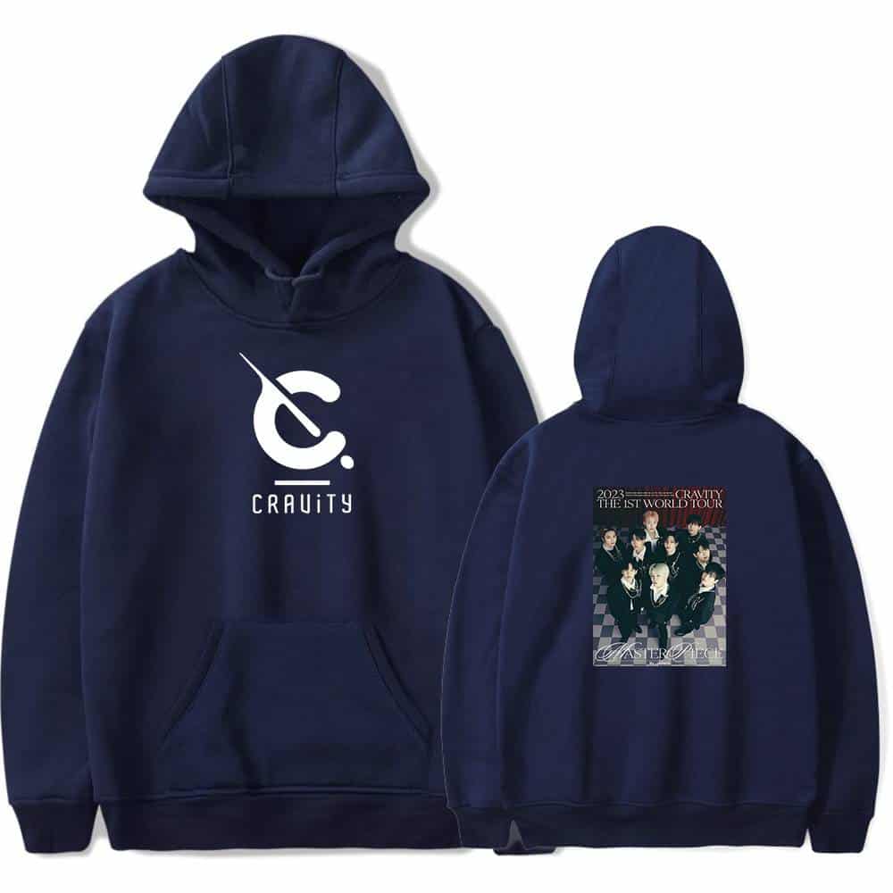 CRAIVITY hoodie with front logo and back concert poster design for fans of the K-pop group Gravity. Perfect casual wear, showcasing music passion and group loyalty. Ideal merchandise for concerts or everyday style.
