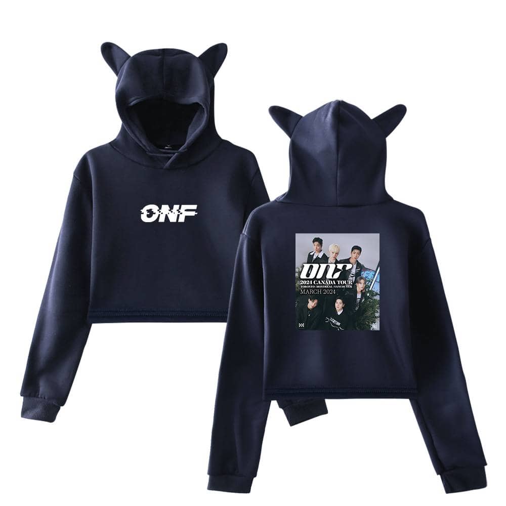 Black cropped hoodie with 3NE logo on front and BTS concert poster on back, featuring pointed ears on the hood for a playful, trendy look. Perfect for fans of K-pop and modern streetwear.