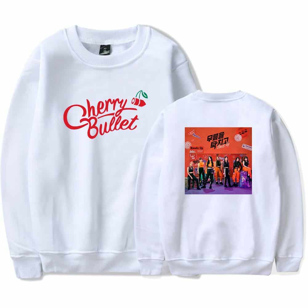 Cherry Bullet sweatshirt with one side featuring the group’s name and cherry graphic, and the back showcasing a colorful group poster design. Perfect for fans and casual wear.