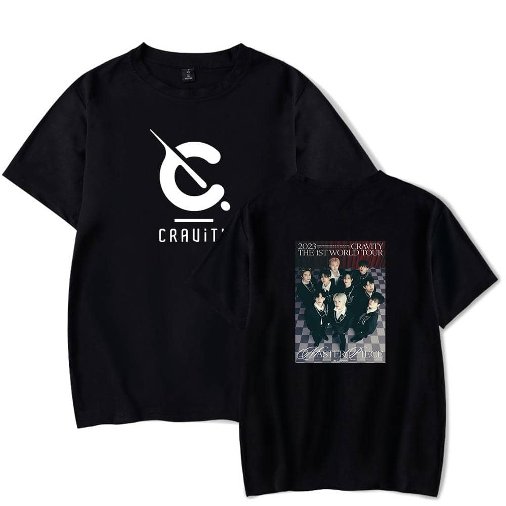 Creative design featuring a black T-shirt with a white logo and a colorful printed back image of a music tour poster. Perfect merchandise for fans of the featured group or brand.