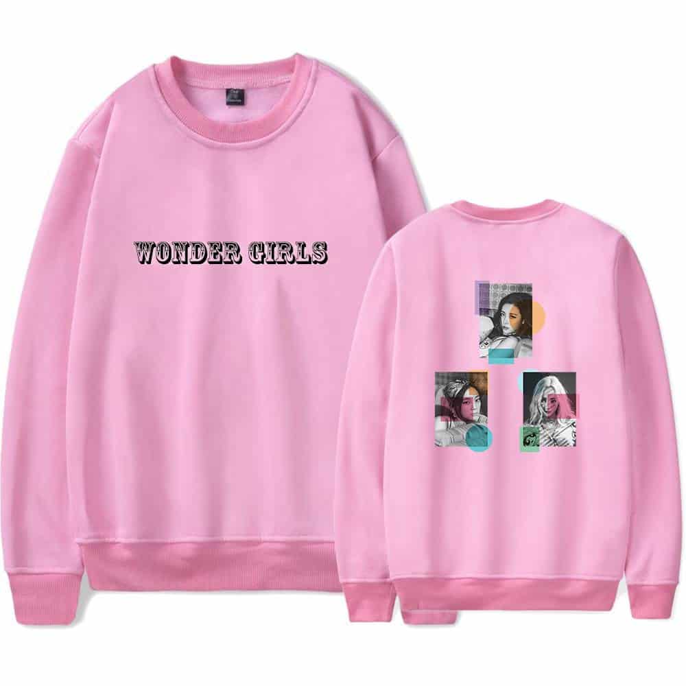 WONDER GIRLS pink sweatshirt with graphic design, casual streetwear for women and teens, featuring a front text and back collage of artistic portraits, perfect for trendy apparel collections.