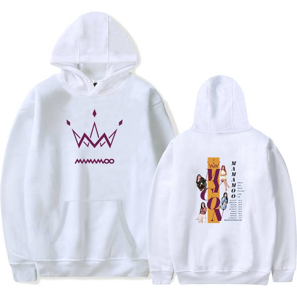 White hoodie with a minimalist purple crown graphic on the front and a vibrant, colorful back featuring the girl group MAMAMOO, their name in bold letters, and a detailed promotion design.