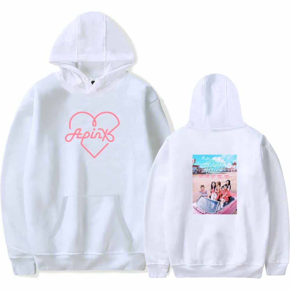 Pink Love with Heart Hoodie featuring a graphic design of a four-member girl group enjoying a sunny day in a convertible car. Perfect for fans of K-pop and cute, casual streetwear.
