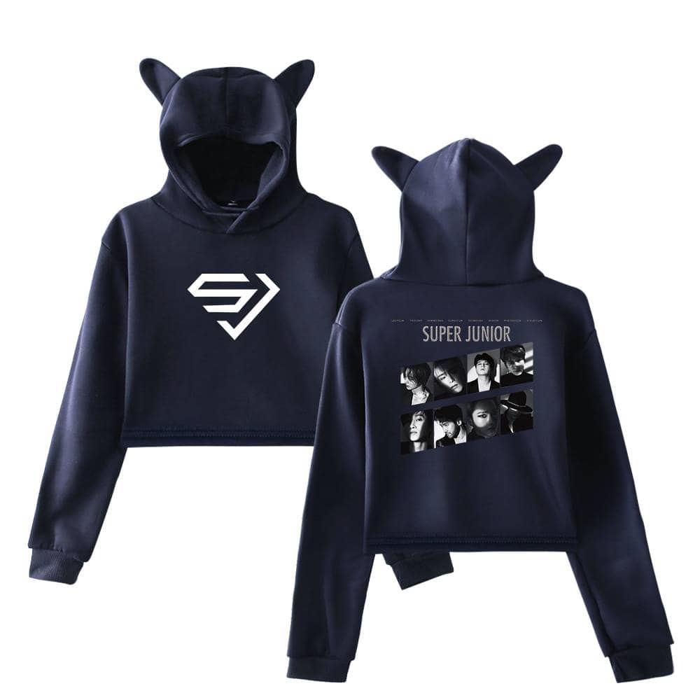 Exclusive Super Junior-themed hoodie with a cat ear hood, front logo, and back band photos of the K-pop group; stylish and cozy merch for fans.