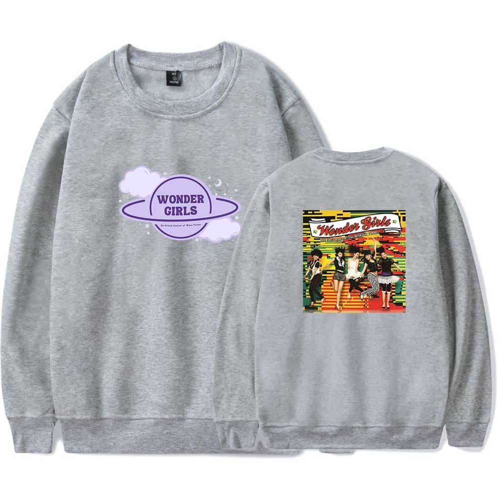 Wonder Girls graphic sweatshirt, featuring both a planet-themed design on the front and a colorful group photo of the Wonder Girls on the back, in gray fabric.