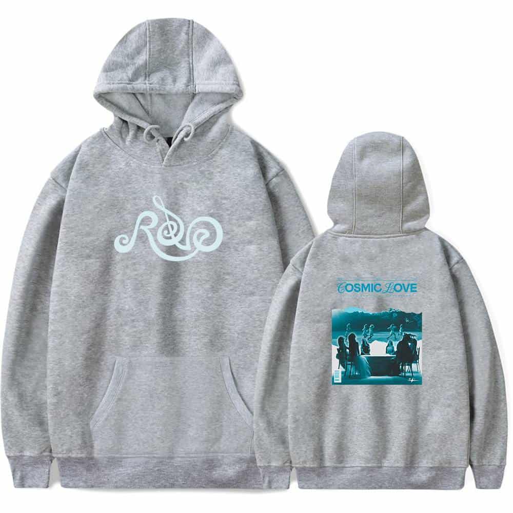 Soft gray hoodie with a musical treble clef design on the front and a "Cosmic Love" graphic with a scene of people by the water on the back. Perfect for music lovers and casual wear.