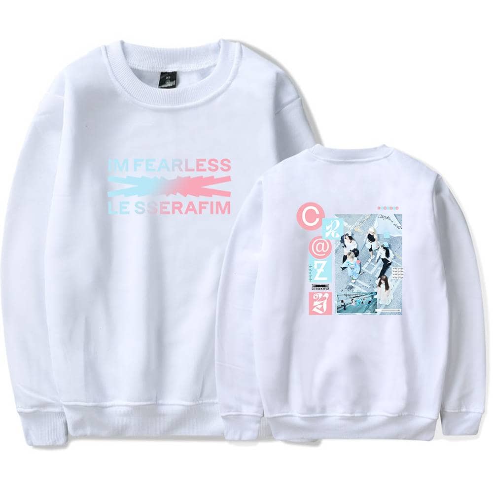 IM FEARLESS LES SERAFIM sweatshirt with colorful graphic design and group photo print on the back, perfect for fans of the girl group.