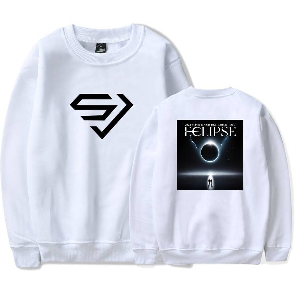 Superhero-inspired white sweatshirt with a bold black logo on the front and a cosmic Eclipse tour graphic on the back, perfect for fans of astronomy and pop culture merchandise.