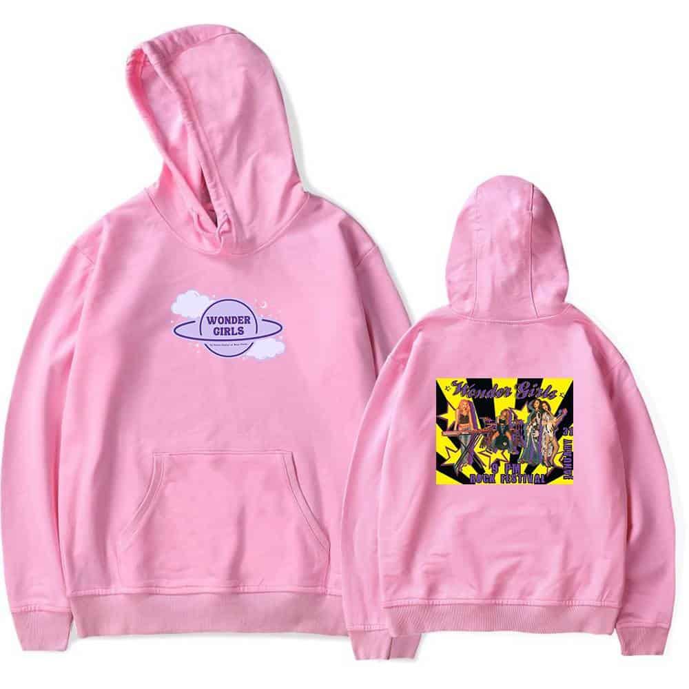 Wonder Girls-themed pink hoodie with front and back graphics, perfect for fans and casual wear. Features a Wonder Girls logo with a space and clouds design on the front and a colorful concert scene on the back.
