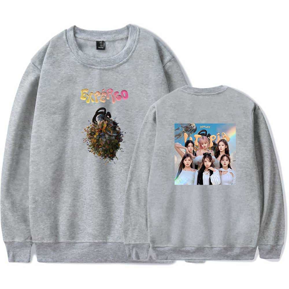 Colorful floral graphic sweatshirt with the word "EXPÉRGO" on the front and a group photo of five women on the back, perfect for stylish casual wear.