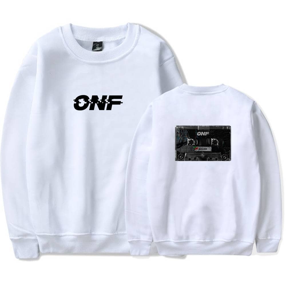 ONF logo sweatshirt with front and back designs featuring a cassette tape image, perfect for music fans and streetwear enthusiasts. Made of comfortable white fabric with stylish graphics.