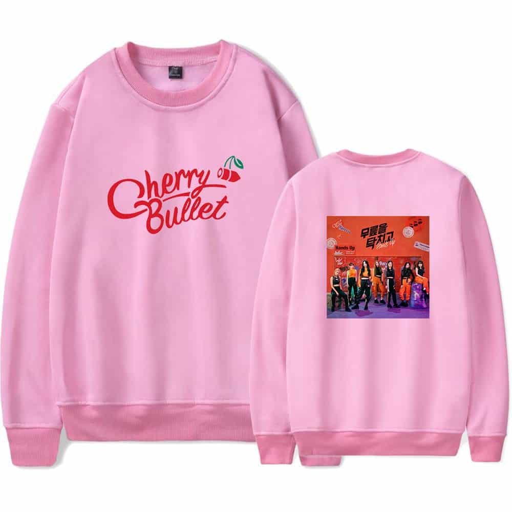 Cherry Bullet pink sweatshirt with logo and group photo on the back, stylish casual wear for K-pop fans and merch collectors. Perfect for fans supporting Cherry Bullet in a trendy, comfortable design.