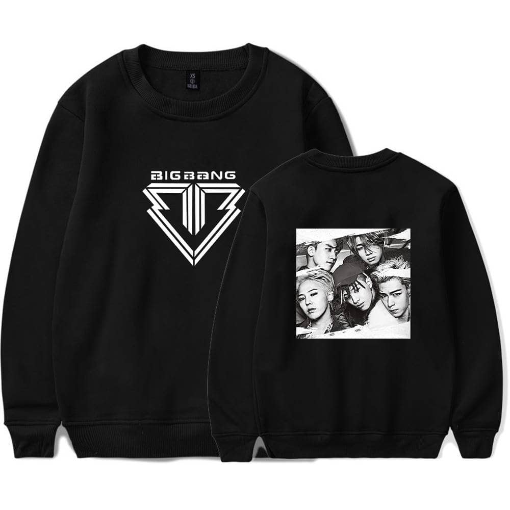 Black BigBang merchandise sweatshirt featuring the group's logo on the front and a black-and-white photo collage on the back. Perfect for fans to show support and style.