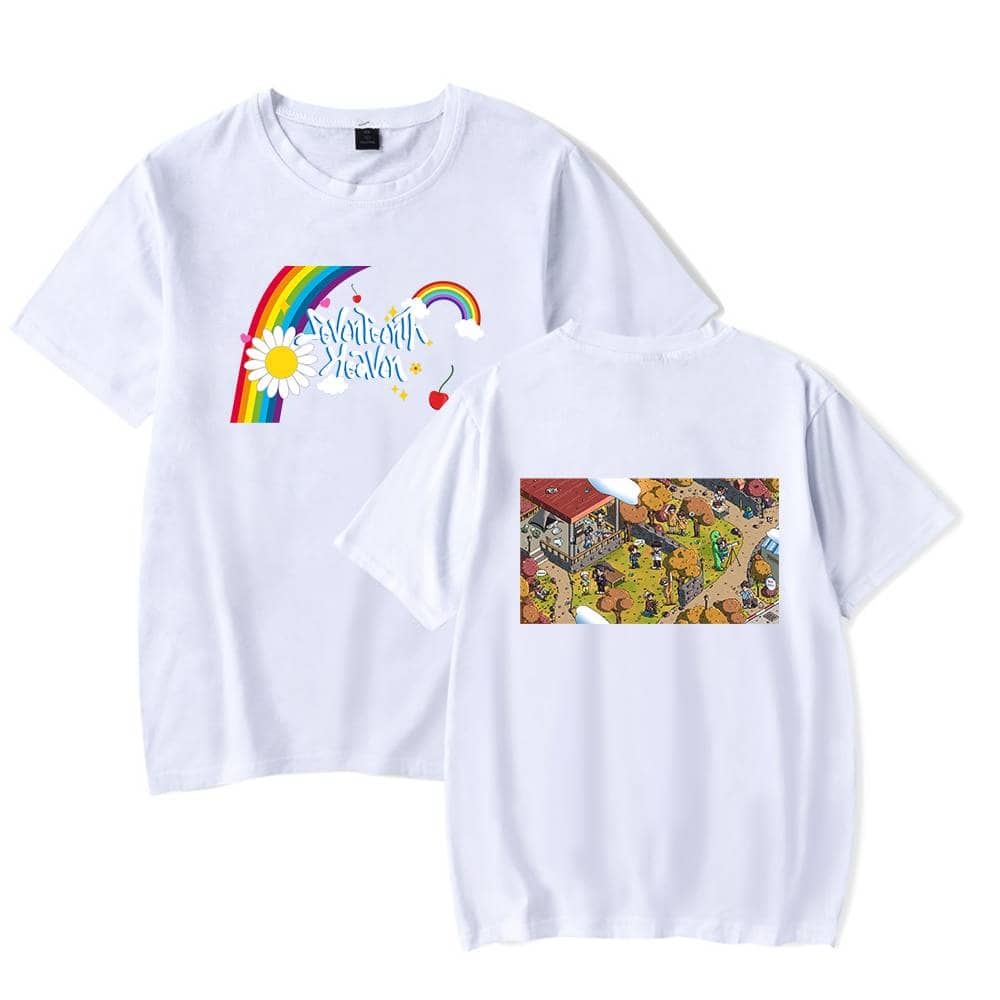 Colorful rainbow and daisy graphic t-shirt with "NoliAinm Heaven" text, playful and vibrant design, perfect for casual and streetwear styles, includes front and back views of the white tee.