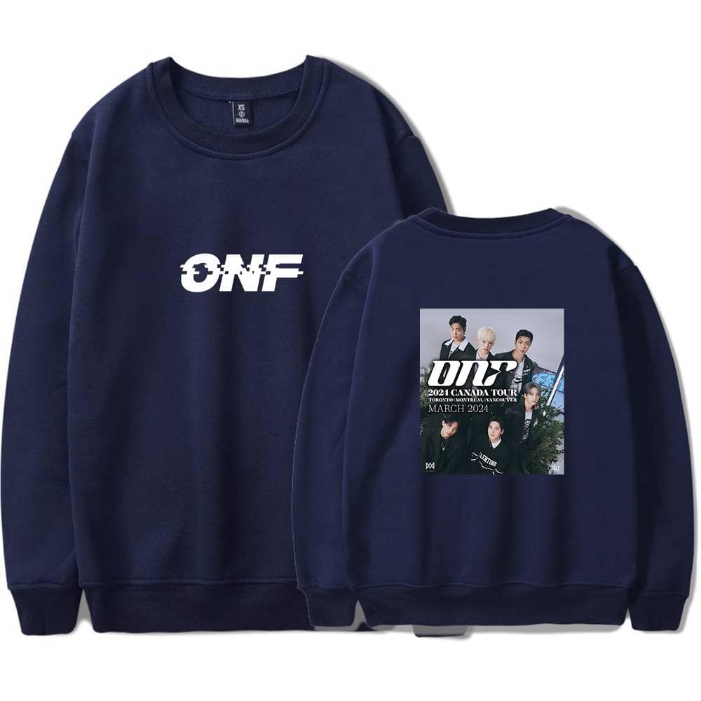 ONF sweatshirt with a front logo and a back tour poster design. Perfect for fans of the K-pop band to show support and style. Made of comfortable fabric with detailed graphic print.