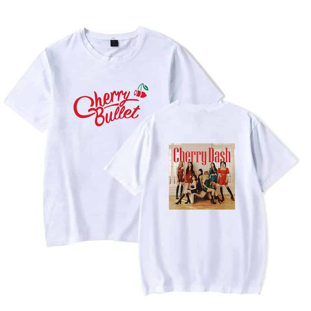 Cherry Bullet graphic t-shirt with Cherry Dash promotional design, featuring a white crewneck tee with the group's logo and an image of the K-pop girl group.