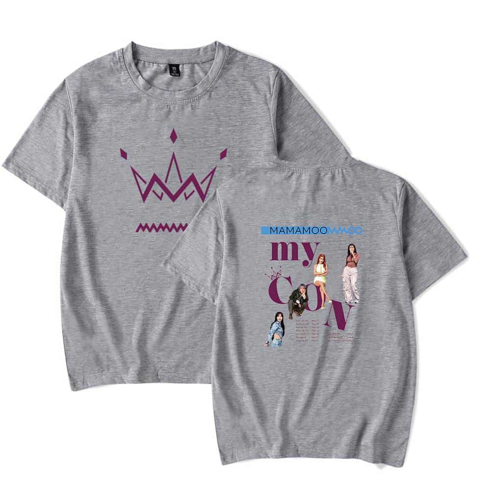 Mammamoo gray graphic t-shirt featuring a crown design and images of the members with "MAMAMOO my cover" text.