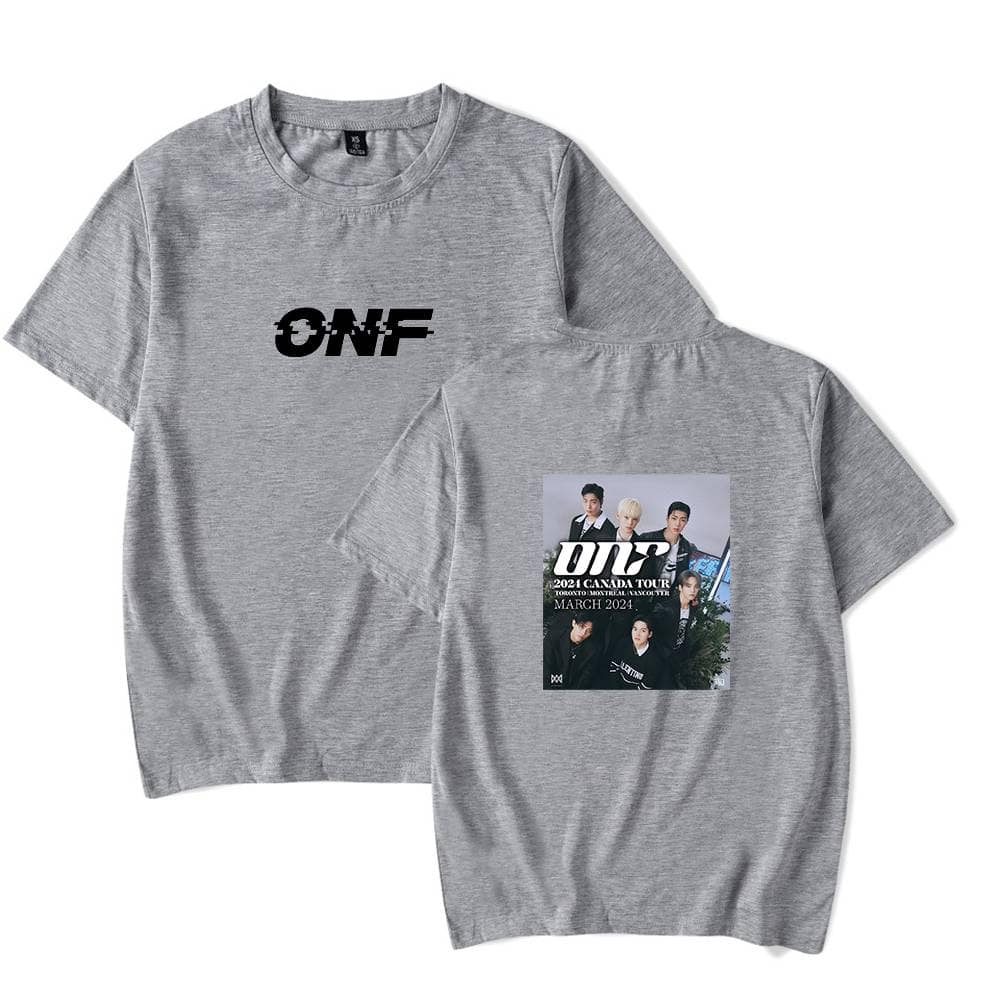 ONF gray T-shirt featuring the group's logo on the front and a tour poster on the back, perfect for fans to showcase their support. Comfortable and stylish merchandise item.