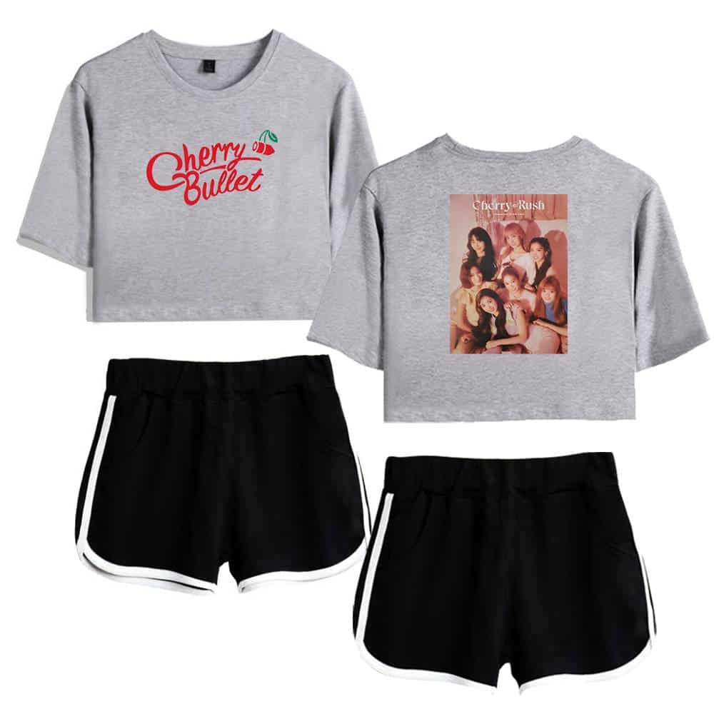 Cherry Bullet sweatshirt and cherry-rush band photo graphic T-shirt, paired with black casual shorts with white trim. Stylish, comfortable, K-pop inspired casual merch for fans.