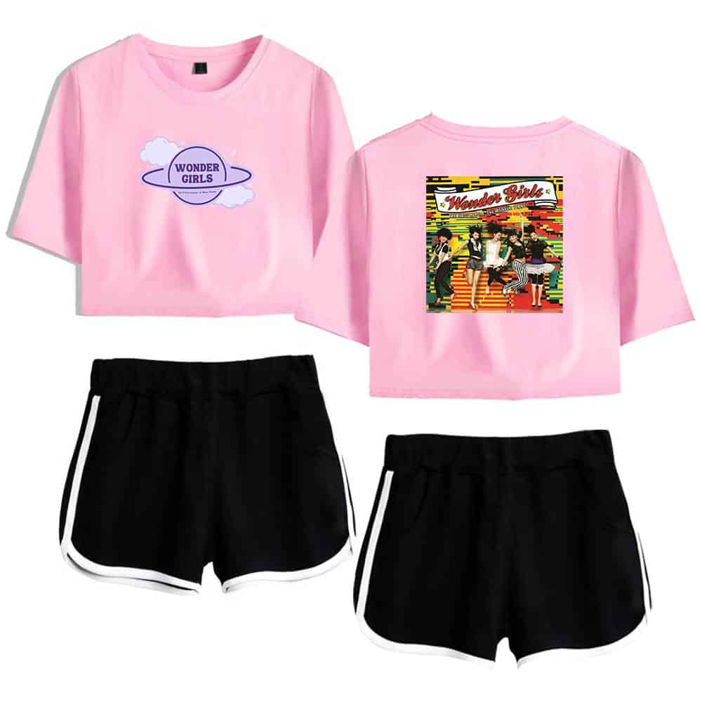 Wonder Girls pink crop top and black shorts set with retro and music-inspired designs, perfect for casual wear or concerts. Comfortable, stylish, and youth-oriented merchandise for fans of the K-pop girl group.