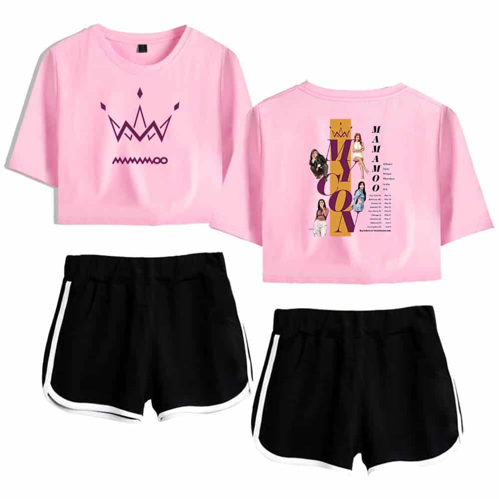 Pink K-pop girl group merchandise set featuring two crop tops and matching shorts, showcasing vibrant designs and images of the members on the back. Perfect for fans to display their support and style.