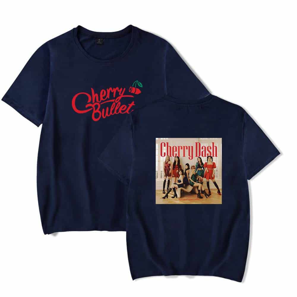 Cherry Bullet graphic t-shirt featuring band logo and album cover, perfect for fans and music enthusiasts. Comfortable casual wear showcasing Cherry Bullet's vibrant style and musical identity.