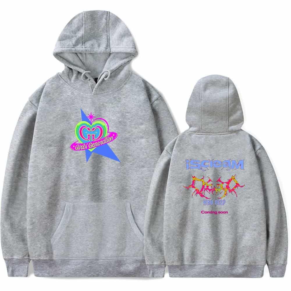 Girls Generation themed grey hoodie with colorful graphics and logo, featuring front and back designs, perfect for fans and casual wear.