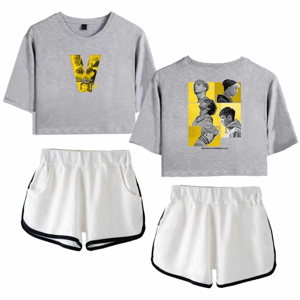 V graphic sweatshirt with K-pop band members, paired with white athletic shorts with black trim, perfect casual sportswear for fans of the group.