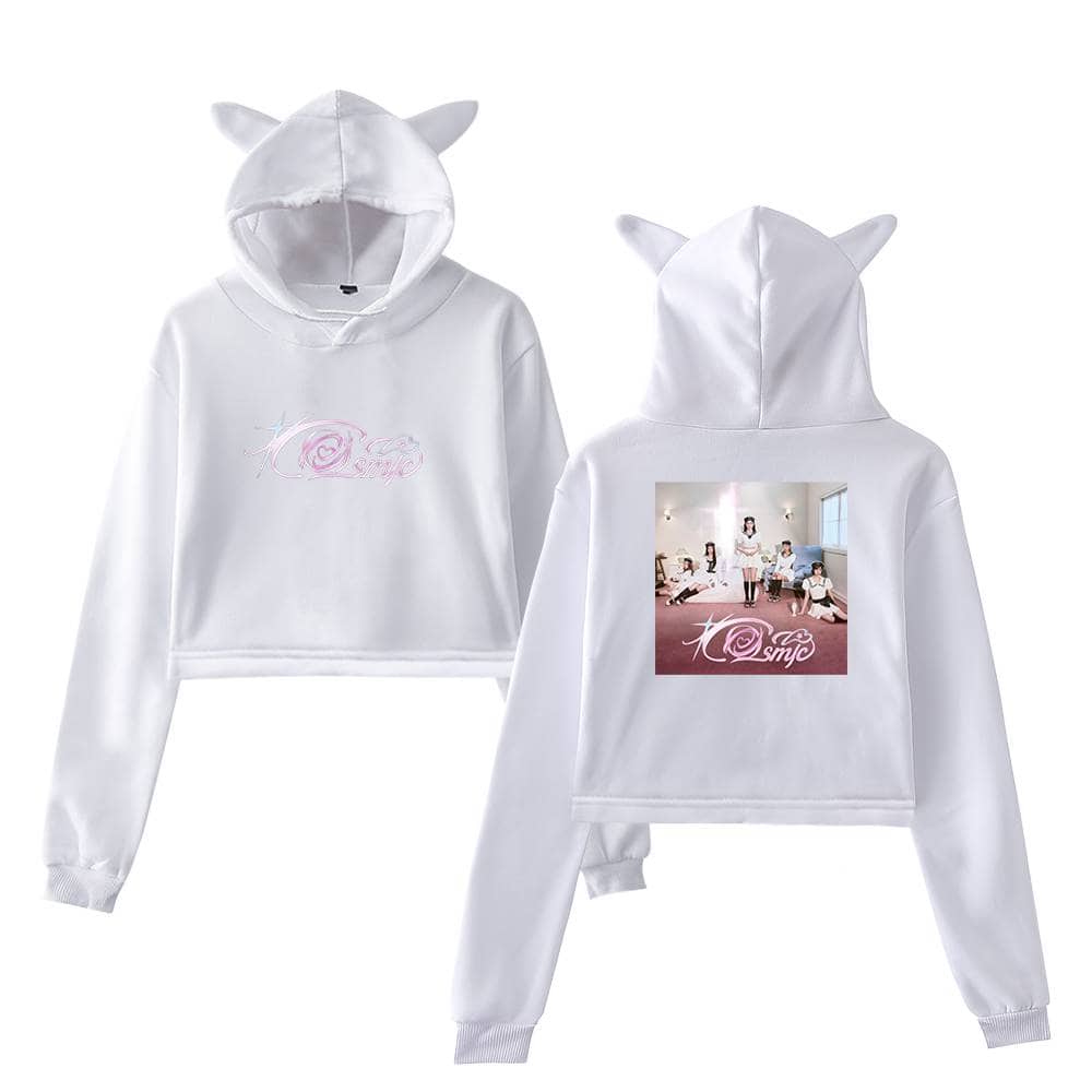 K-pop themed white hoodie and sweatpants set with animal ears, featuring a pink logo on the front and a group photo on the back, perfect for fans and casual wear.