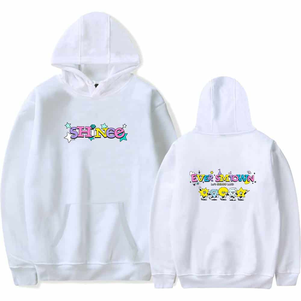 SHINee hoodie with colorful text and cartoon characters, perfect merchandise for fans of the K-pop group.