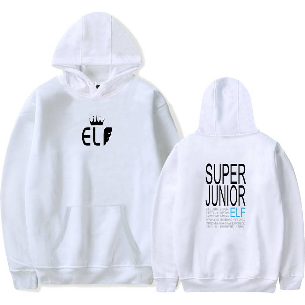 ELF hoodie with a crown logo and "ELF" text on the front, and "SUPER JUNIOR" along with a list of names on the back, featuring a stylish design perfect for K-pop fans.