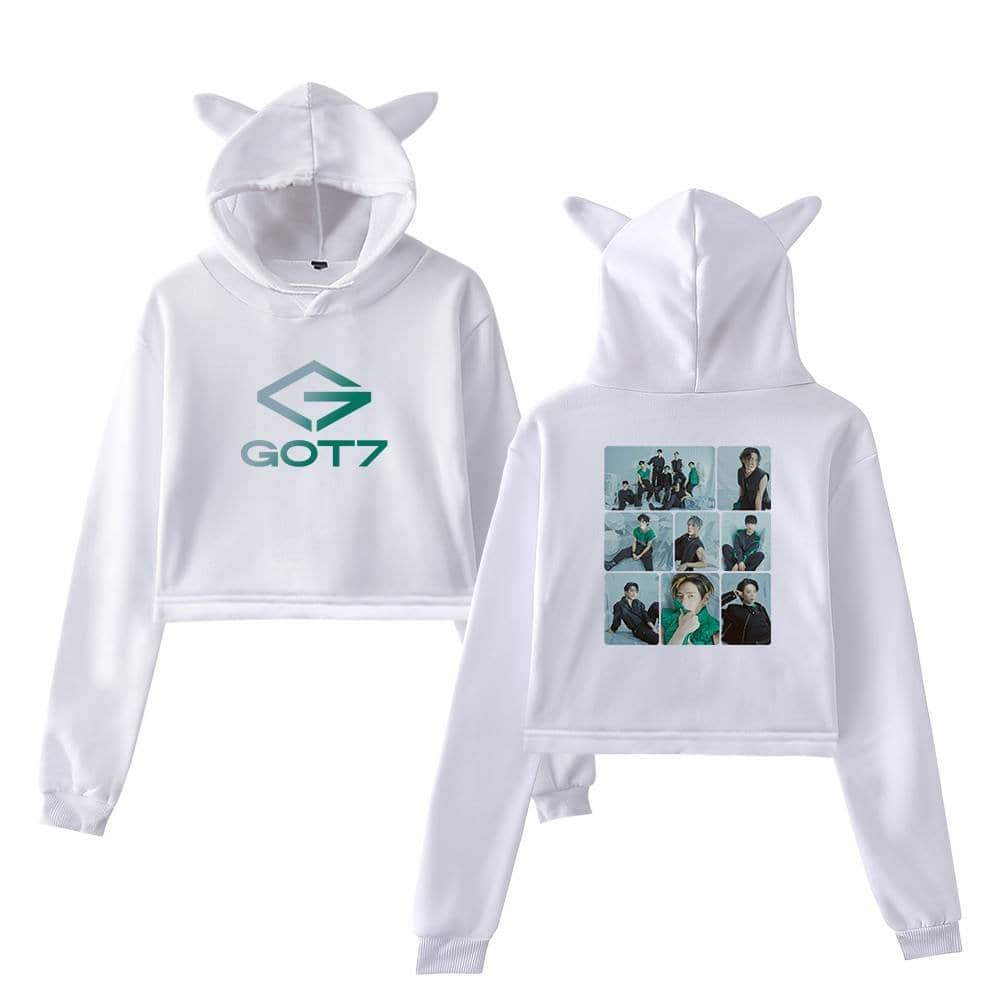 GOT7 themed white hoodie and sweatpants set with cat ears on the hood, featuring GOT7 logo and group photos, perfect for K-pop fans and merchandise collectors.