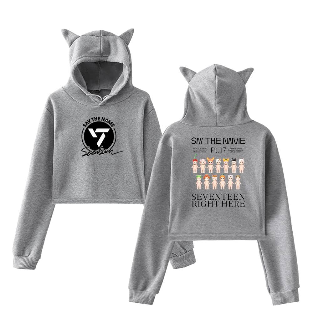 Say the name pt.17 hoodie with playful character illustrations on the back, perfect for fans of Seventeen. Comfortable, stylish, and themed with cute animal ears on the hood, this clothing item is ideal for casual wear or concerts.