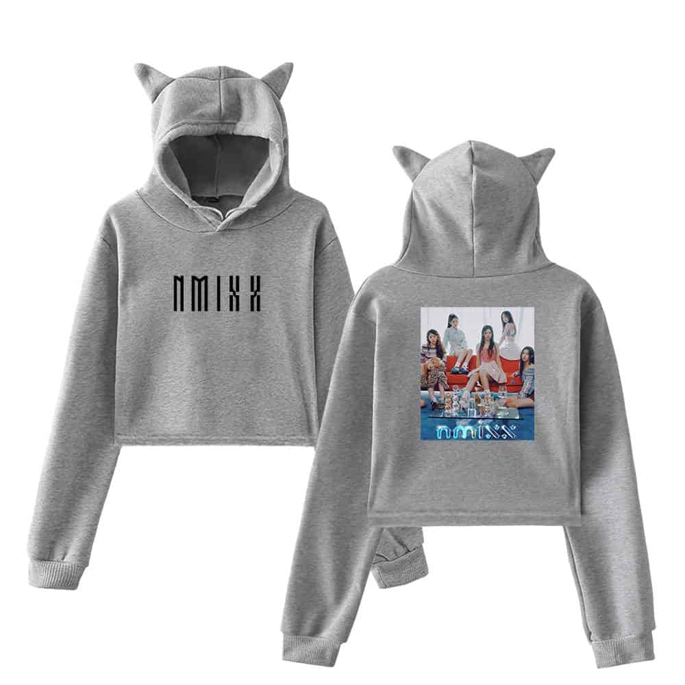 NMIXX girl group matching hoodie and sweatpants set with animal ears hood, featuring group photo and logo print, perfect casual merchandise for fans of K-pop NMIXX.