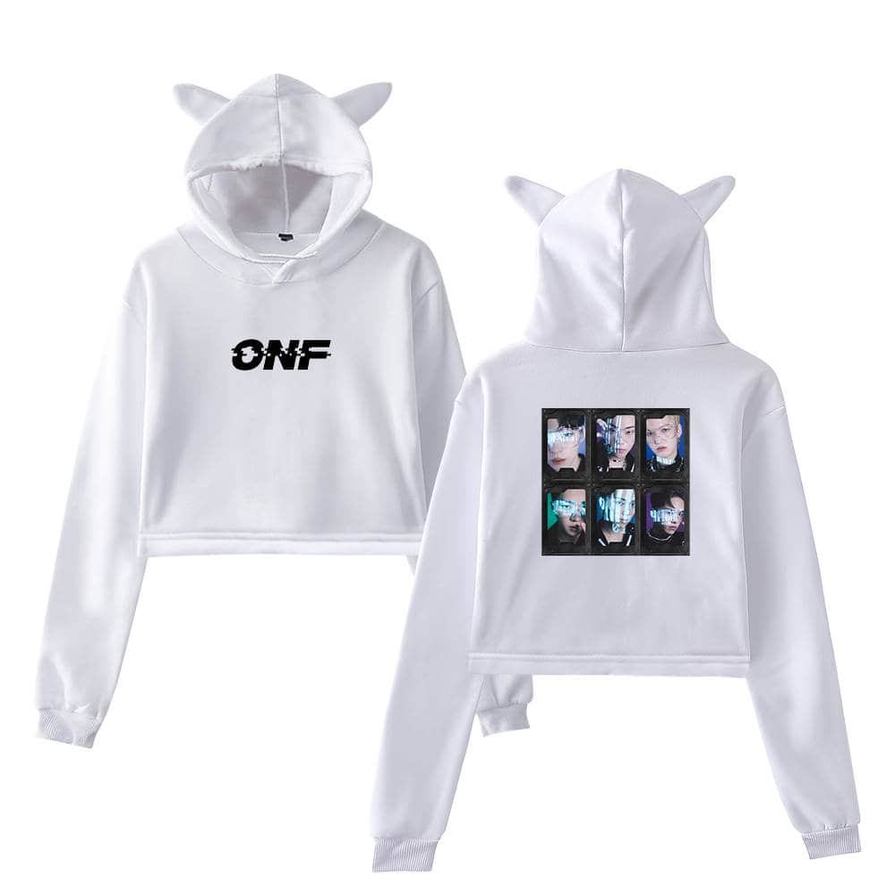 White cropped hoodie and jogger set with cat ear hood, featuring "ONF" logo on the front and a collage of digital images on the back, perfect for fans of the K-pop group ONF.