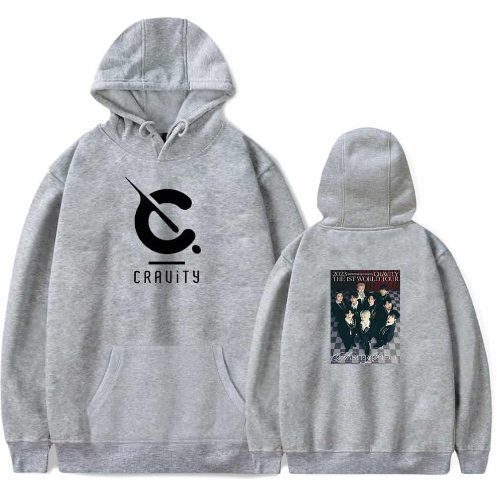 Black and white logo hoodie featuring a stylized crescent moon and the word "C. Ravity" on the front, with a group photo and tour details on the back. Perfect for fans of the group or concert merchandise.