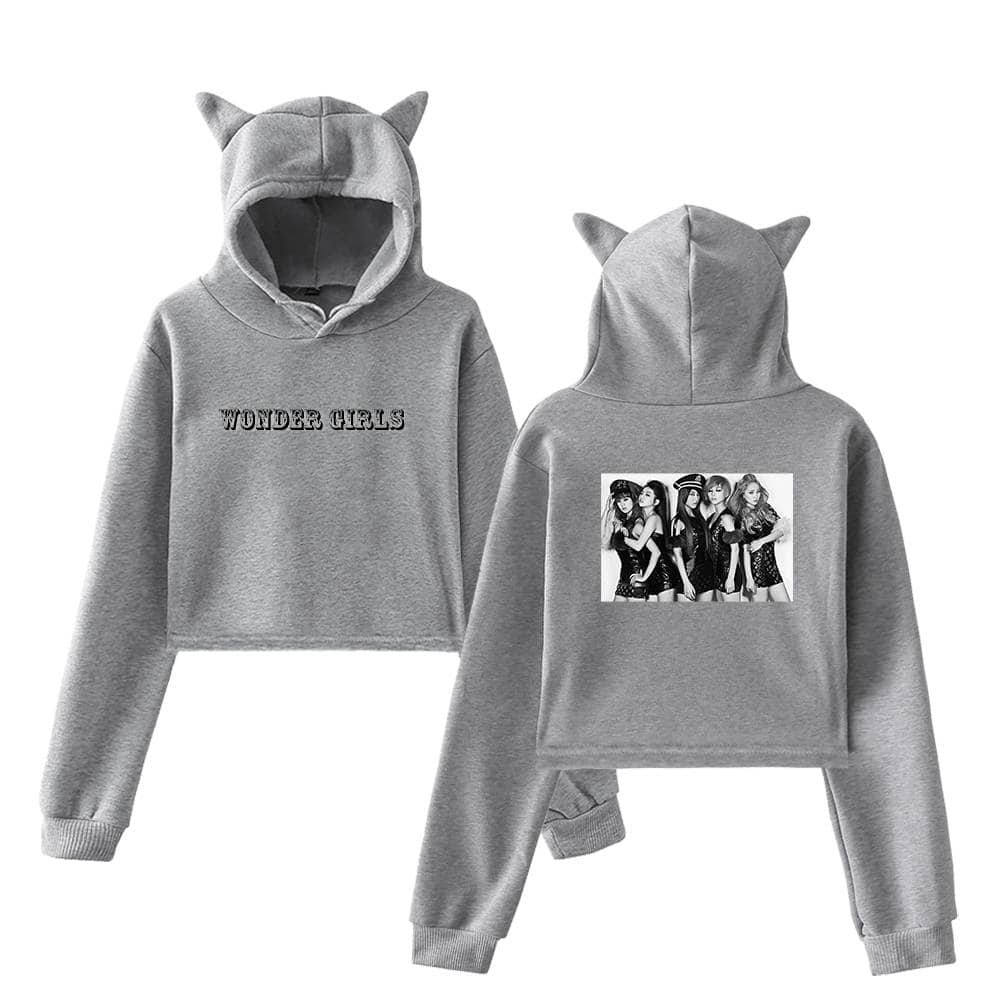 Wonder Girls hoodie with cat ears, featuring "WONDER GIRLS" embroidery on the front and a black-and-white group photo on the back, perfect for K-pop fans and casual wear.