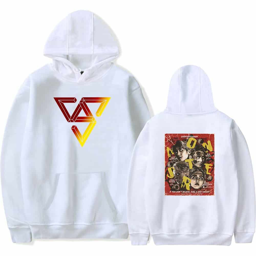 Vampire Weekend merchandise hoodie with front geometric triangle logo and back graphic art featuring band members' portraits. Perfect for fans expressing their band loyalty and style.