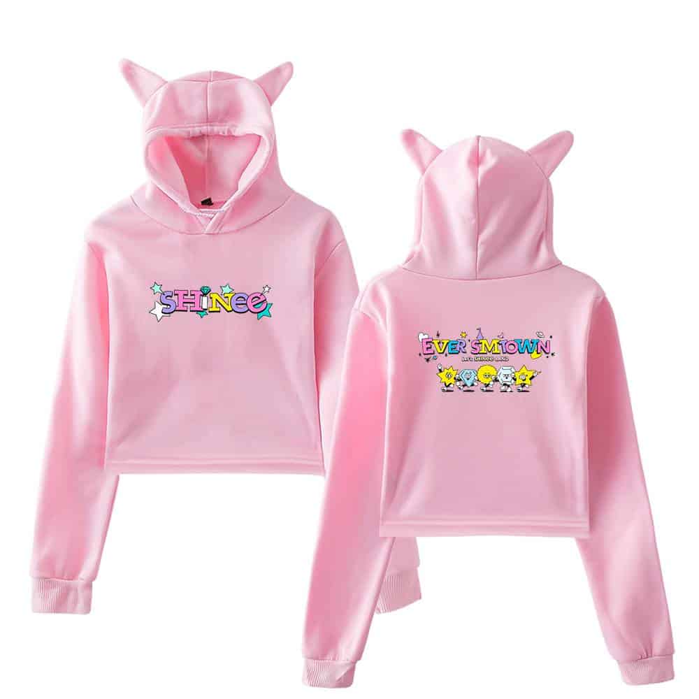 Shinee merchandise, pink hoodie with cartoon characters, playful and colorful design, front and back views, perfect for fans or casual wear.